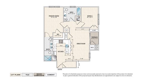 Floor plan for 2 beds, 2 baths, 1045 sqft